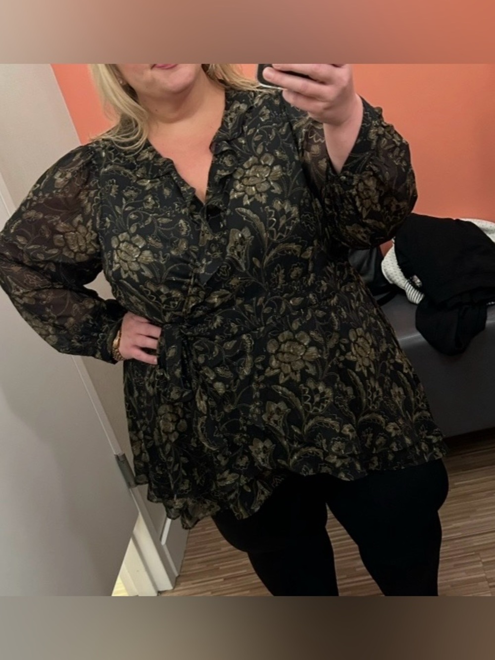 Womens Black Floral Tie-Waist Wrap High Low Blouse